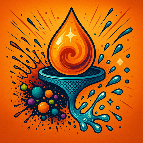 Image from bottle graphic: Glowing drop filtered through a funnel, with particles and clean droplets.
